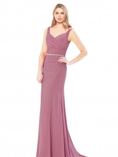 Cheap Long Slim Chiffon Bridesmaid Dress / Prom Dress with Beaded Waist