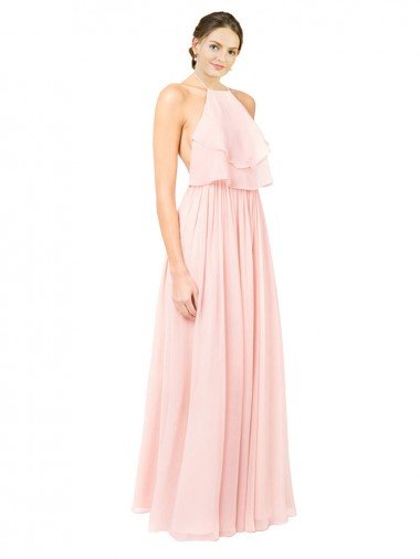 Cheap Halter Neck Chiffon Bridesmaid Dress with Double Ruffle Front