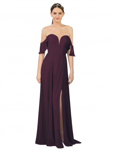 Cheap Romantic Off-Shoulder Chiffon Bridesmaid Dress with Plunging V-Neck