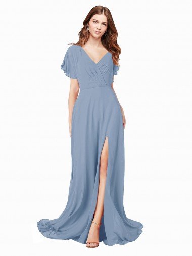 Cheap Chiffon Bridesmaid Dress / Prom Dress with Flutter Sleeves and Front Slit