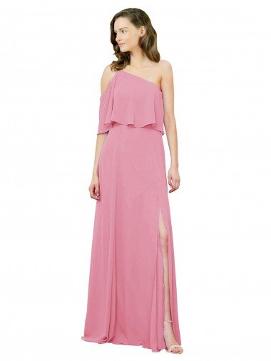 Cheap Sleeved One Shoulder Chiffon Bridesmaids Dress with Draped Ruffle Overlay