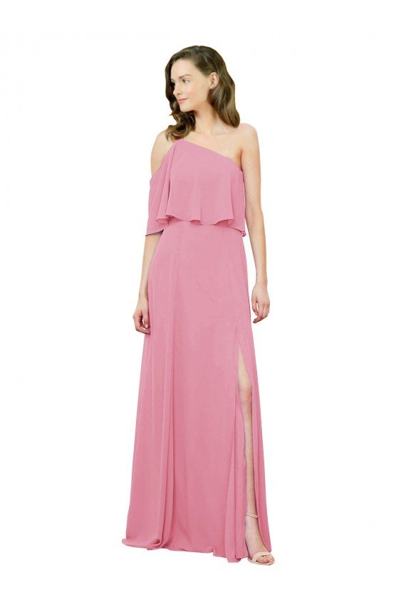 Sleeved One Shoulder Chiffon Bridesmaids Dress with Draped Ruffle Overlay