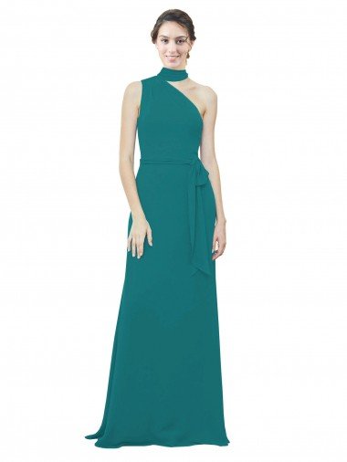 Cheap One Shoulder Chiffon Bridesmaids Dress with Scarf Tie Neckline