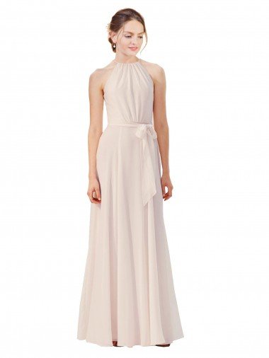 Cheap Tie Neck Long Chiffon A-Line Bridesmaid Dress with Sheer Back