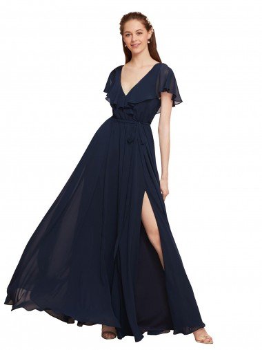 Cheap Long V-Neck Chiffon Bridesmaid Dress with Slit and V-Back