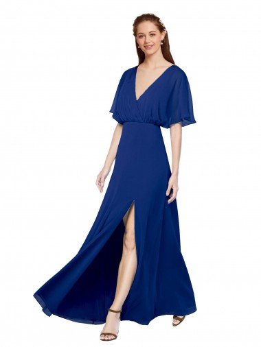 Cheap V-Neck Long Chiffon Bridesmaid Dress with Dolman Sleeved Bodice and Slit