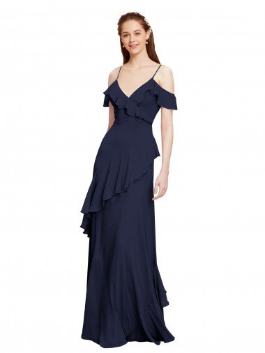 Cheap Cascading Ruffles Long Chiffon Bridesmaid Dress with Cold Shoulder