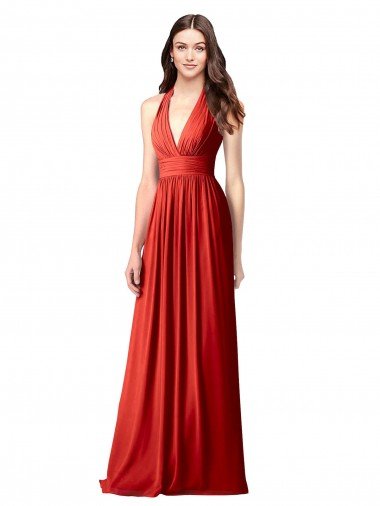 Cheap Halter V-Neck A-Line Chiffon Bridesmaid Dress with Shirred Skirt