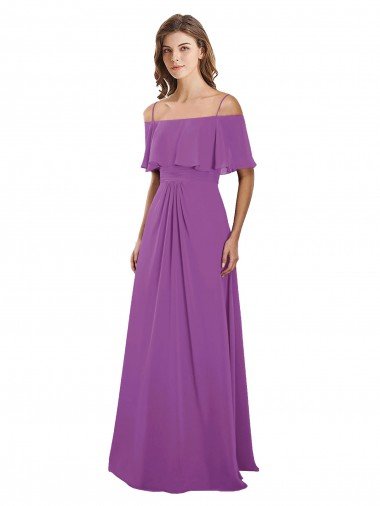 Cheap Draped Off The Shoulder Chiffon Bridesmaid Dress with Spaghetti Straps and Ruffled Neckline