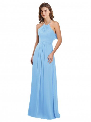 Cheap Chiffon A-Line Bridesmaid Dress with Halter Neck and Ruffled Back Straps