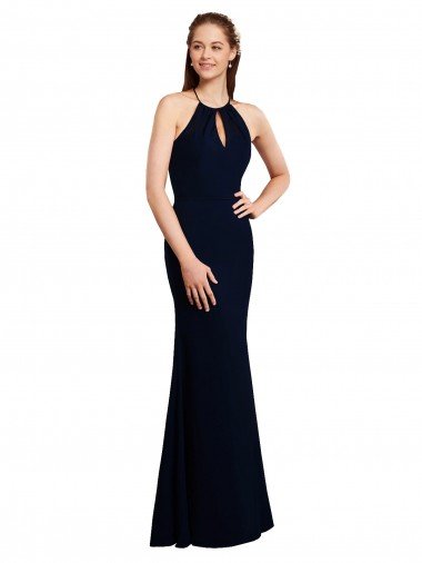Cheap Fluted Long Chiffon Bridesmaid Dress with Halter Neckline and Keyhole