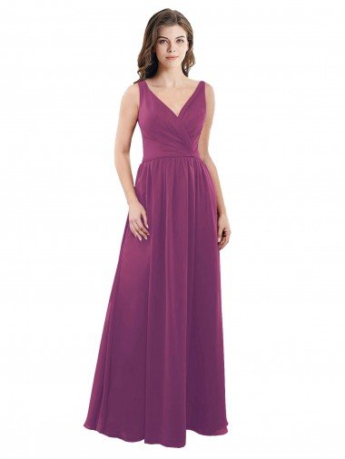 Cheap Long Chiffon A-Line Bridesmaid Dress with V-Neck Wrap Bodice