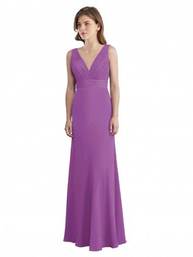 Cheap V-Shaped Neckline Long Chiffon Bridesmaid Dress with Cascading Ruffles Back