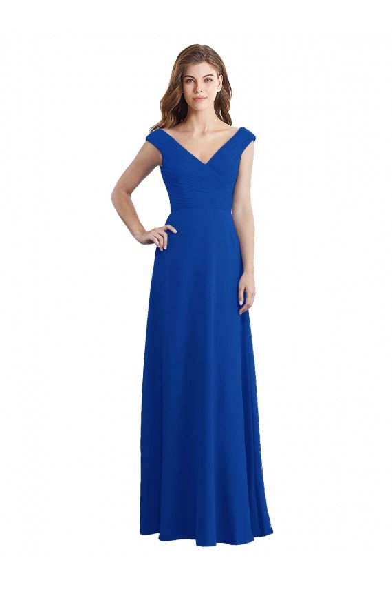 Draped Shoulder V-Neck Long Chiffon Bridesmaid Dress