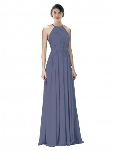 Cheap Halter Neck Ruched Bodice Chiffon Bridesmaid Dress