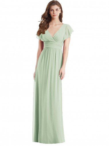 Cheap Flutter Sleeves Draped Wrap V-Neck Chiffon Bridesmaid Dress