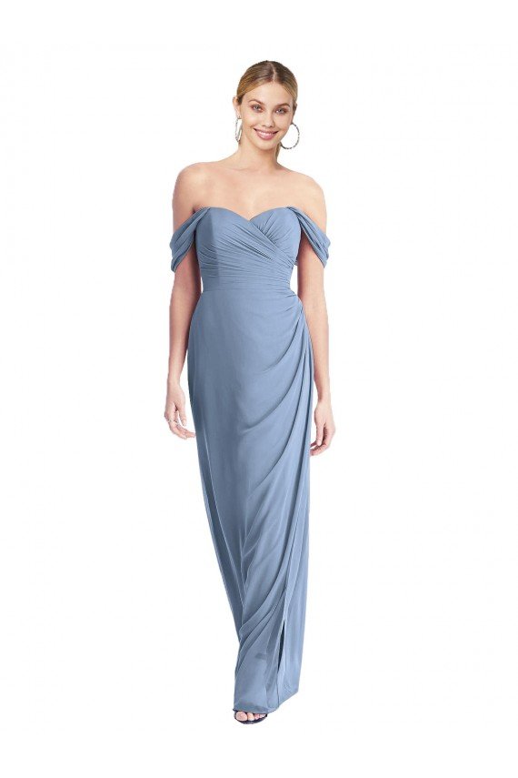 Full Length Draped Off the Shoulder Maxi Bridesmaid Dress with Shirred Streamer