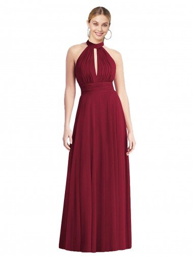Cheap High-Neck Open Back Shirred Halter Maxi Bridesmaid Dress