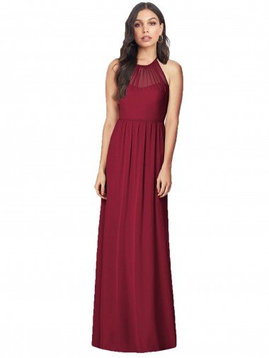 Cheap Halter Neck Full-Length Shirred Chiffon Bridesmaid Dress