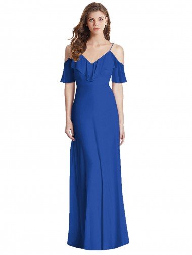 Cheap Ruffled Cold-Shoulder Chiffon Maxi Bridesmaid Dress