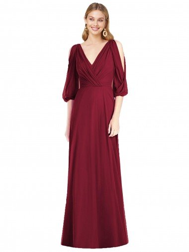 Cheap Draped V-Neck Bell Sleeves V-Back Chiffon Bridesmaid Dress