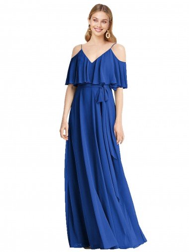 Cheap Spaghetti Straps V-Neck Chiffon Bridesmaid Dress with Sash Tie