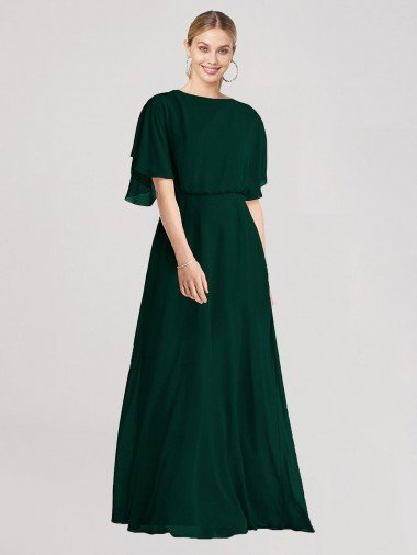 Cheap Full-Length Flutter Sleeves Plunging V Back Chiffon Bridesmaid Dress
