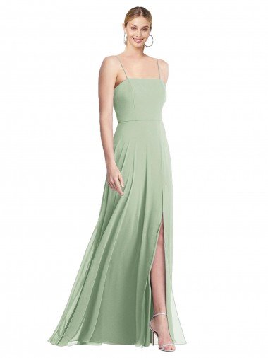 Cheap Sleek Spaghetti Straps Low Back Square Neck Maxi Formal Chiffon Bridesmaid Dress