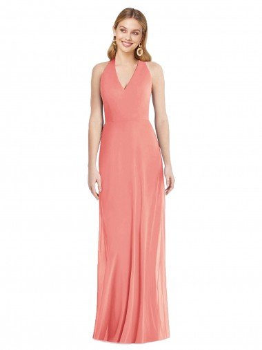 Cheap V-Neck Halter Chiffon Maxi Formal Bridesmaid Dress Open Back