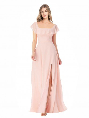 Cheap Flutter Cap Sleeves Square Neck Ruffle Chiffon Bridesmaid Dress with Pockets