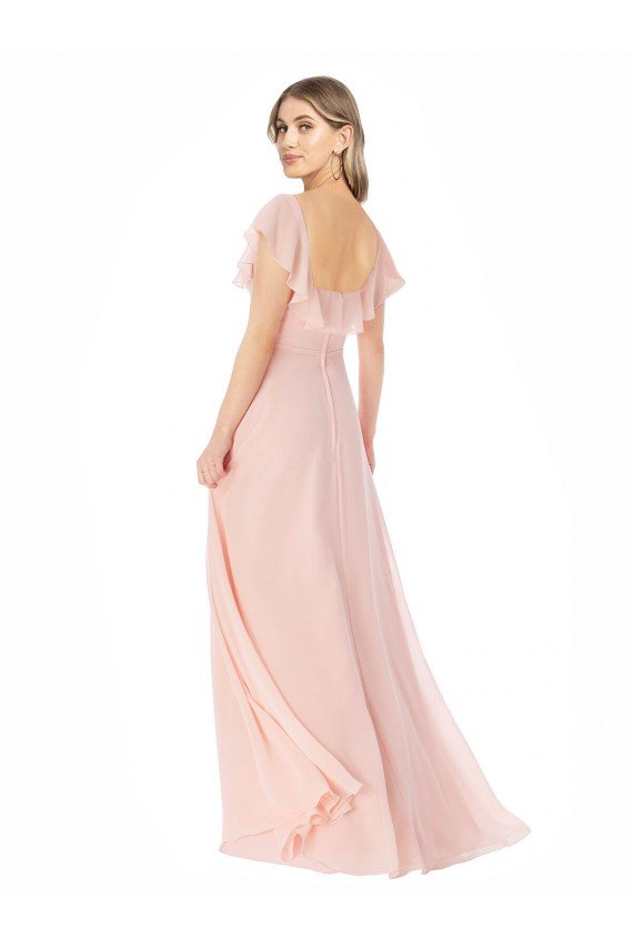 Flutter Cap Sleeves Square Neck Ruffle Chiffon Bridesmaid Dress with Pockets