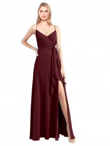 Cheap Spaghetti Straps V-Neck Long Chiffon Bridesmaid Dress with Side Slit