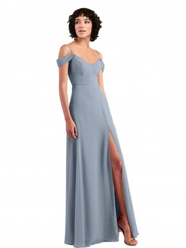 Cheap Off the Shoulder Folded Sleeve Long Chiffon Bridesmaid Dress with High Side Slit