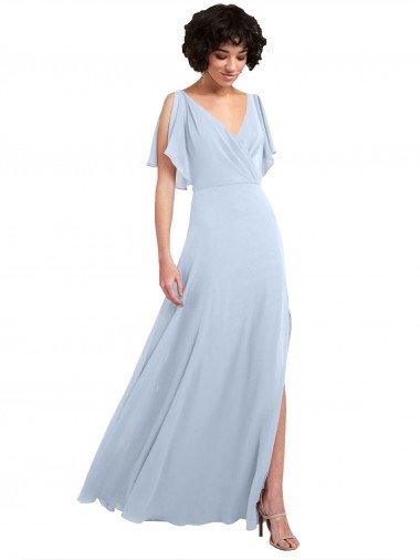 Cheap Split Flutter Sleeves V-Neck Chiffon Bridesmaid Dress with Open V-Back