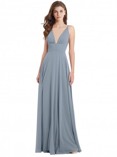 Cheap Fitted V-Neckline Long Chiffon Bridesmaid Dress with V-Back