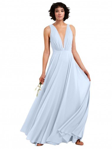Cheap Daring Plunging V-Neck Long Chiffon Bridesmaid Dress with Pleated Bodice