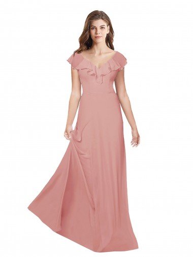 Cheap Flounced V Neckline Flutter Sleeves Chiffon Bridesmaid Dress