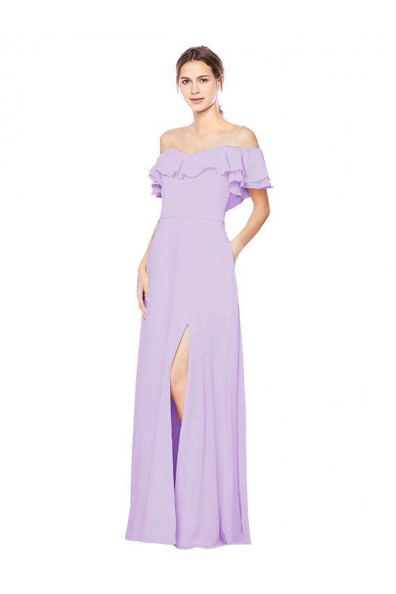 Ruffled Off the Shoulder Long Chiffon Bridesmaid Dress with Slit