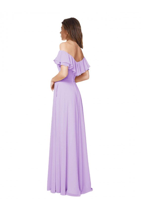 Ruffled Off the Shoulder Long Chiffon Bridesmaid Dress with Slit