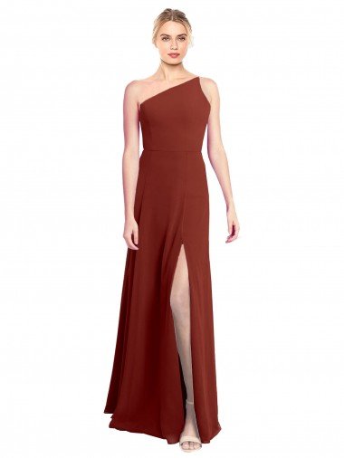 Cheap Fit and Flare One Shoulder Long Chiffon Bridesmaid Dress with High Slit