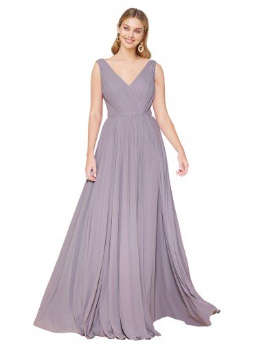 Cheap Draped Floor Length High Neck V-Back Chiffon Bridesmaid Dress / Formal Prom Dress with Shirred Bodice