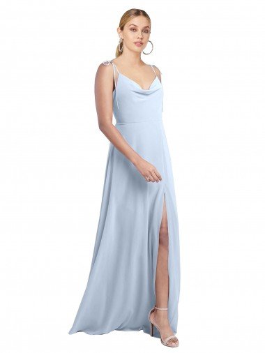 Cheap Draped Cowl Neck Tied Straps Long Chiffon Bridesmaid Dress with Slit