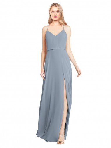Cheap Spaghetti Straps V-Neckline Long Chiffon Bridesmaid Dress with High Slit