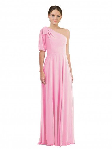 Cheap Bow One Shoulder Flounce Sleeve Maxi Bridesmaid Dress
