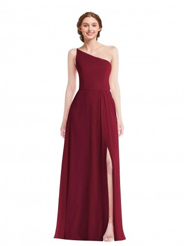 Cheap One Shoulder Chiffon Maxi Bridesmaid Dress with Shirred Front Slit