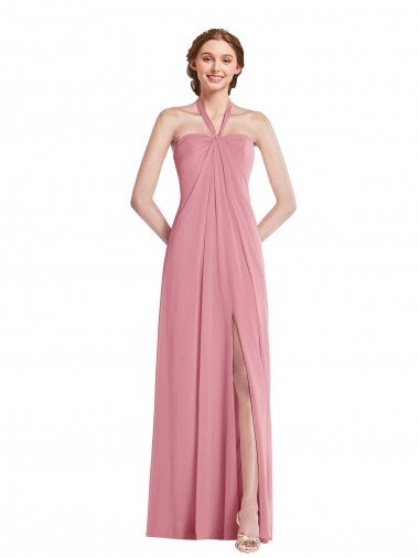 Cheap Draped Chiffon Grecian Column Bridesmaid Dress with Front Slit