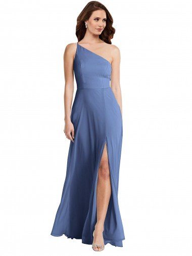 Cheap One Shoulder Full Length Maxi Formal Bridesmaid Dress with Flirty Slit
