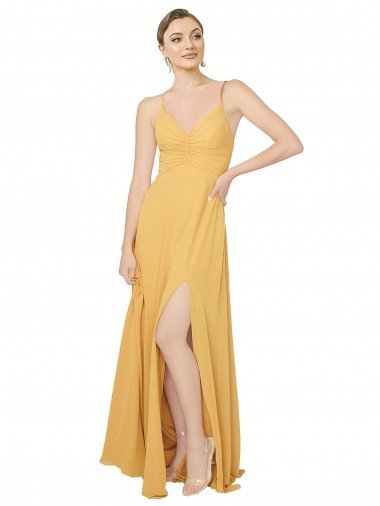 Cheap Ruched Chiffon Bridesmaid Dress with Pockets & Tie Back Detail