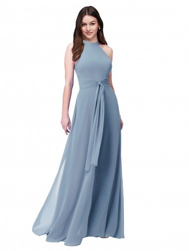Cheap Halter High Neck Chiffon Dress with Sash