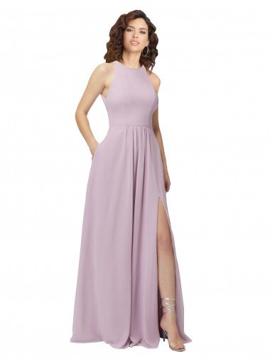 Cheap High-Halter Chiffon Bridesmaid Dress with Keyhole Cowl Back